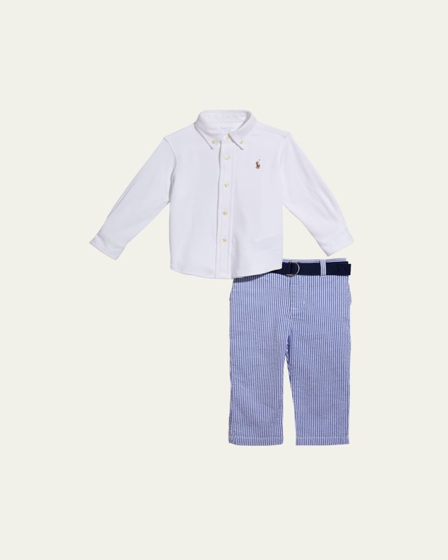 Boy's Solid Shirt With Striped Pants, Size 3M-24